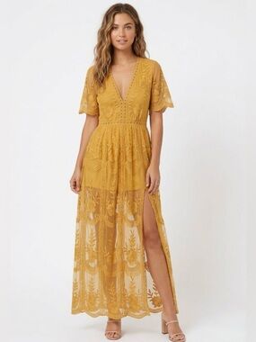 Honey Punch Mustard Yellow Embroidered Maxi Dress